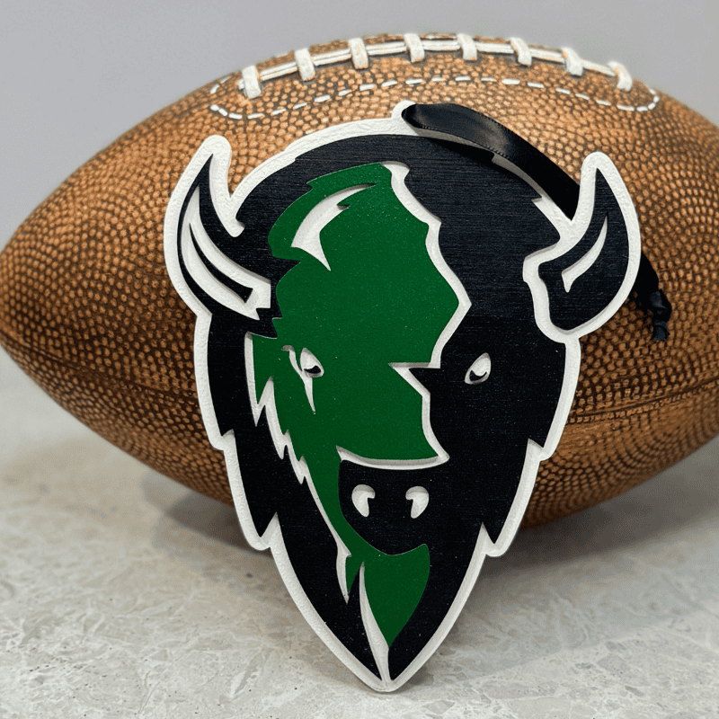 Wooden Nodaway Valley Thunder bison head ornament painted in black, green, and white, displayed in front of a football.