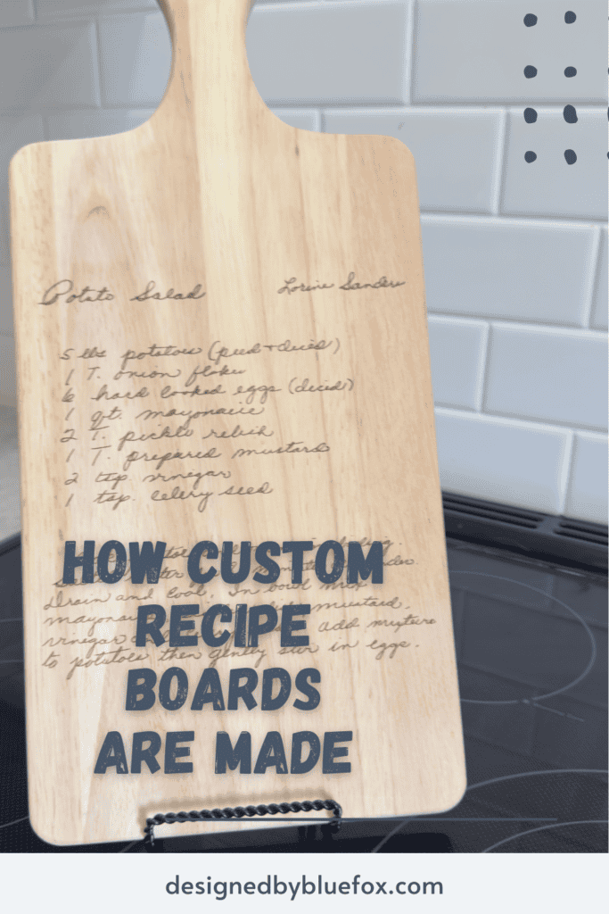custom engraved handwritten recipe cutting boards displayed in a kitchen with text about preserving family recipes and meaningful keepsakes