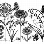 Black and white floral line art design with daisies, lily of the valley, butterflies, bees, and wildflowers for laser engraving