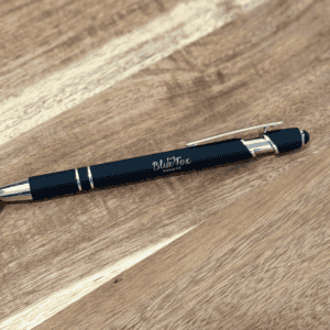 laser engraved matte black promotional pens with custom logo on wood surface
