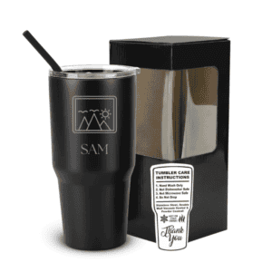 Black engraved stainless steel tumbler with mountain design and name Sam personalized gift with lid and straw in gift box