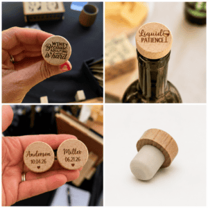 variety of wine stoppers with the sayings "wine because adulting is hard" and personalized with a name and wedding date.