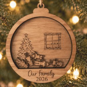 Wooden family ornament hanging on a Christmas tree, featuring little wooden people, an engraved Christmas tree and window, and “Our Family 2026” at the bottom.